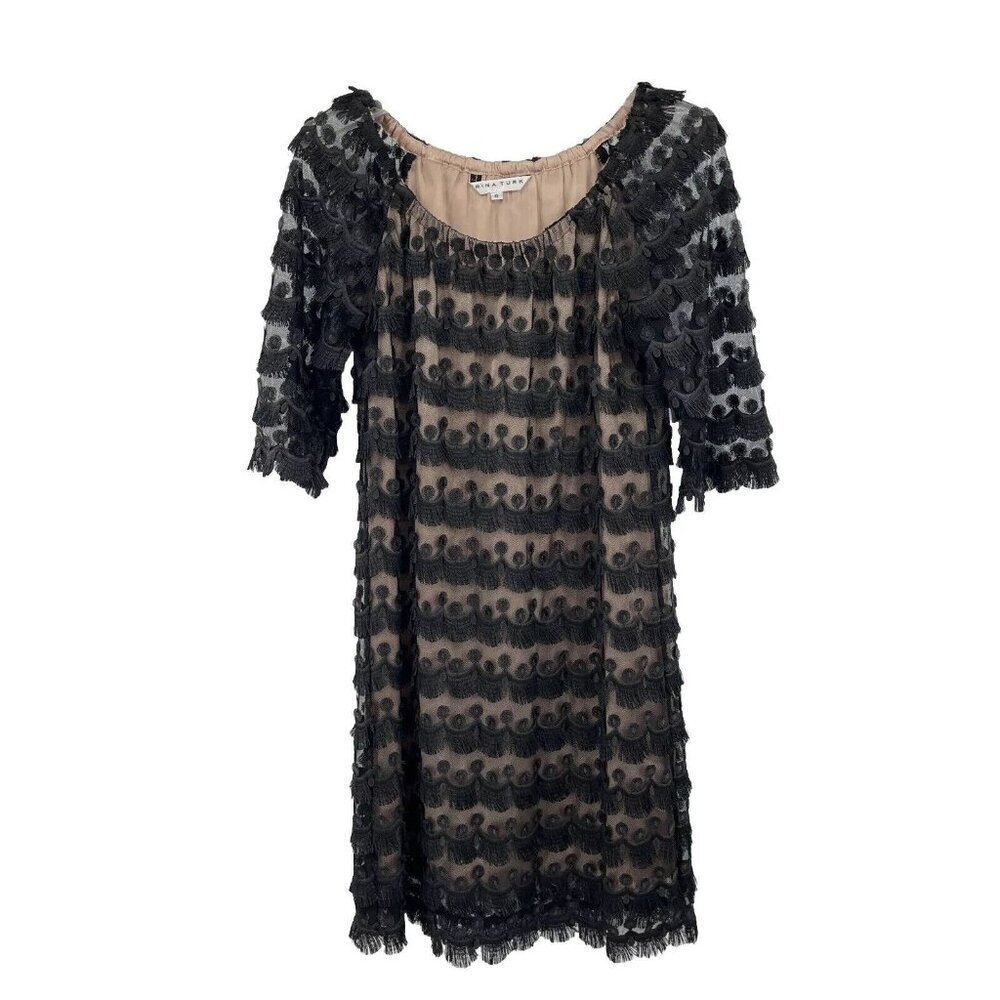 Trina Turk Women's Rosaura Copacabana Lace Dress Size 6 Black Embroidered Fringe